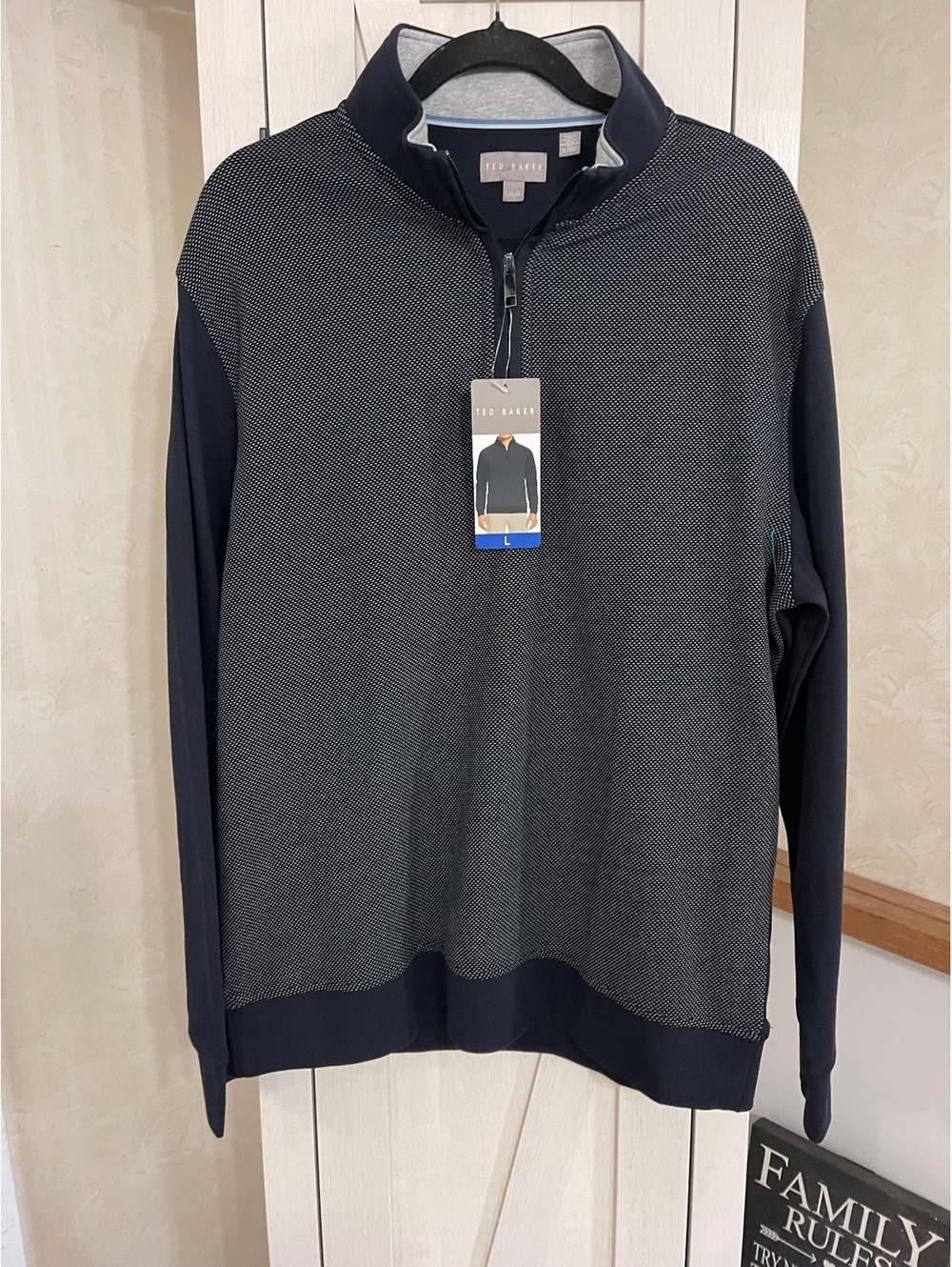 Ted Baker Men's Large Navy Blue Half-Zip Pullover Sweater with Textured Front
